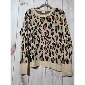 A New Day Womens XL Leopard Print Crewneck Sweater Tan Brown Animal Print Knit